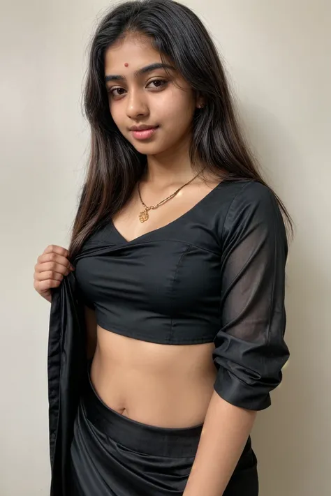 18 yr teen indian girl wearing black saree shining with black blouse and a small necklace medium haired fair skin tone