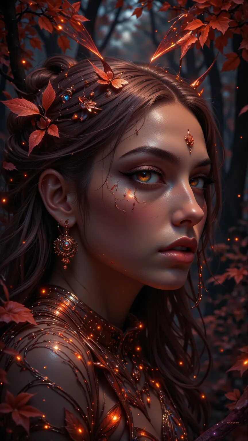  Depicting a luminous skin tone， Godlike woman ，Marcia ，Heart-Shaped Face ， Tears， Pointed ears like a cat ，round earrings， Watery sleeves ，barefoot， Butterfly wings of a spirit ， Lateral gaze ， Self-portrait ，Autumn background，One quarter ， Blood spell 