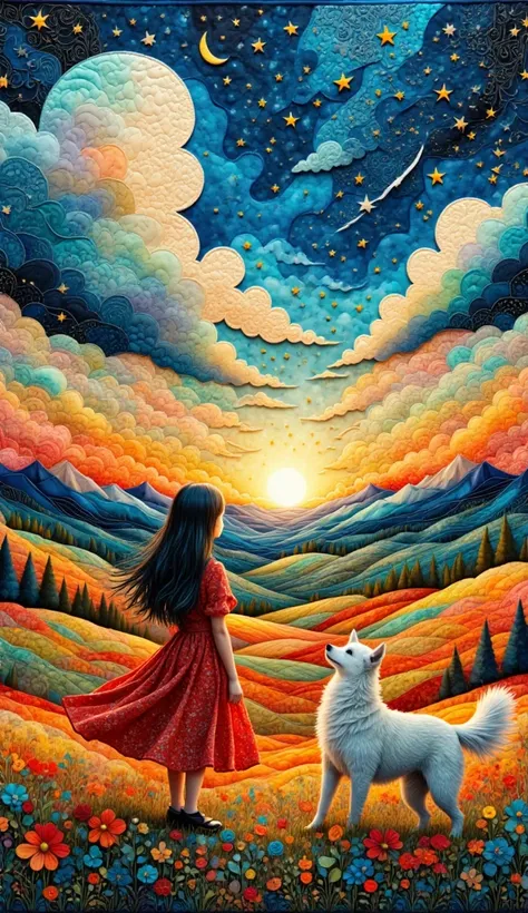 A masterpiece, the best composition, the best quality, the world of patchwork quilts, handmade style, autumn field scenery, flowers swaying in the wind, a cute girl and a white dog watching the sunset, a girl with long straight hair, a red long dress flutt...