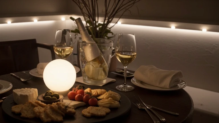 "A beautifully arranged dining scene in a dimly lit, intimate setting. The table is adorned with an assortment of gourmet appetizers, including various cheeses, crackers, olives, and cherry tomatoes, all meticulously arranged on a round, dark serving board...