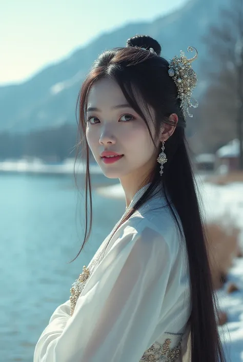 A sexy asian  girl, with a  leather eyepatch，with round earrings，smile，long hair, with pink lips,  lake, sky,white lips, snow，wedding, ancient