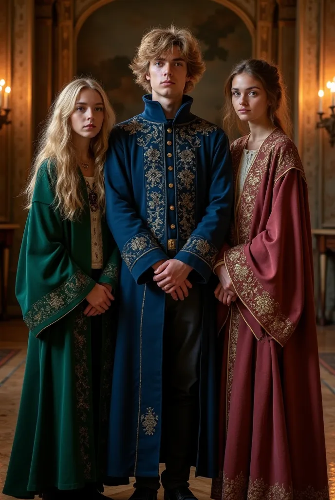 Matthias de Villiers, 18, stands at the center, his tousled dirty blond hair—a mix of warm gold and soft brown—catching the candlelight. His sun-warmed honey eyes, flecked with gold, hold a quiet intensity. He wears deep sapphire-blue wizarding robes tailo...