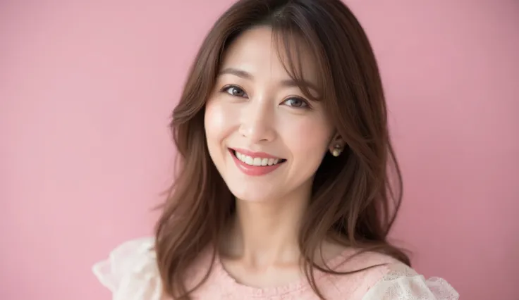 and an elegant Japanese woman , 48 years old, light brown long hair with gentle waves wrapping around the face , fine smile lines that add warmth to a gentle look . wearing a soft pink flower embroidered dress with a round neck and lace sleeves . a ge...
