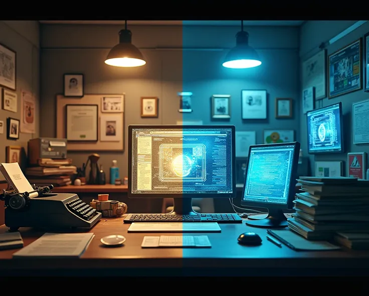 A split-screen image showing a vintage office with paper documents on one side and a modern, high-tech digital workspace with AI interfaces on the other, vibrant colors and clear contrast."