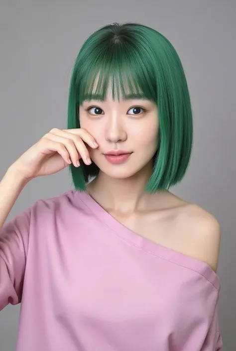 32K,  Masterpiece,  top quality , ( beautiful Korean woman )  green hair,  Bob Haircut , bangs,  soft lighting ,  Bound shoulders  ,  Pink Tops ,  realistic skin texture,  detailed eyes,  3d rendering ,  photorealistic,  high detail on the face, soft glow,...