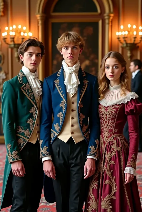 Matthias de Villiers, 18, stands at the center, his tousled dirty blond hair—a mix of soft brown and light gold—catching the candlelight. His sun-warmed honey eyes, flecked with gold, hold a quiet intensity. He wears a deep sapphire-blue Victorian frock co...