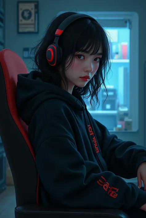 Soo-ah, secret classes,wanhwa, chica, chair, gamer, AuriculAres, hoodie, black, chest, sitting, mirando a un lado 