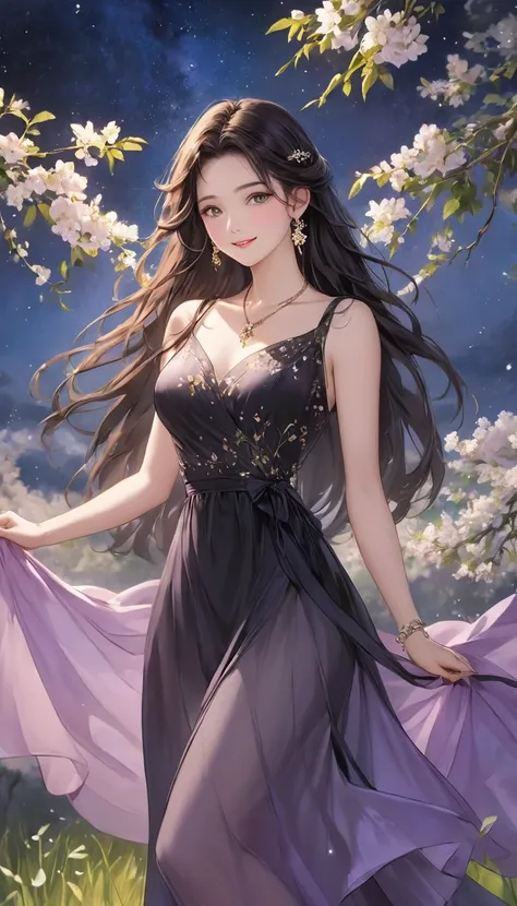 Rich ink painting 、  top quality 、  masterpiece、   high image quality 、  Official Art、  young, graceful and beautiful woman、 Perfect Face 、Brown-black long hair  、  perfect style、 wearing a light purple transparent dress 、  earrings、  necklace、  look at me...