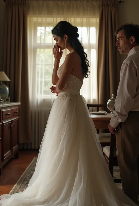 Planning to Leave

The bride at her parents' home, deep in thought. She secretly wishes never to return, but hesitates to speak up. Her parents, unaware of her feelings, are busy with household chores.