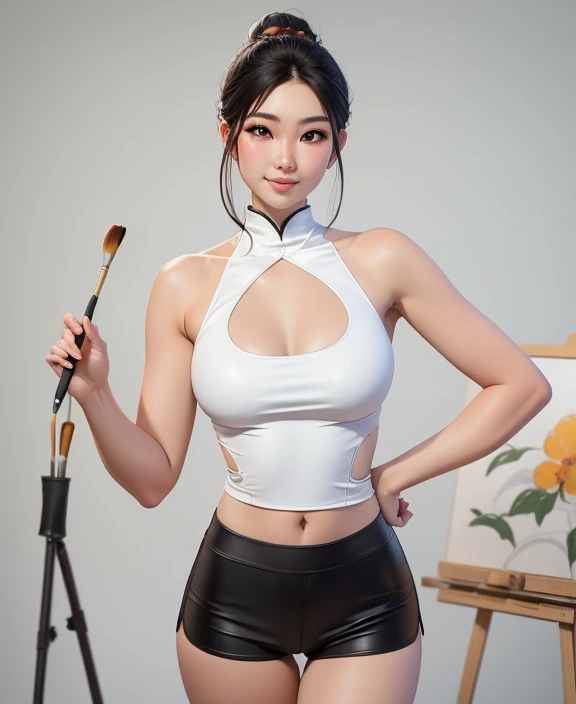 arafed asian woman in a white top and black leather shorts holding a paintbrush, korean girl, beautiful south korean woman, gorgeous young korean woman, korean woman, beautiful young korean woman, gorgeous chinese model, japanese goddess, sexy look, korean...