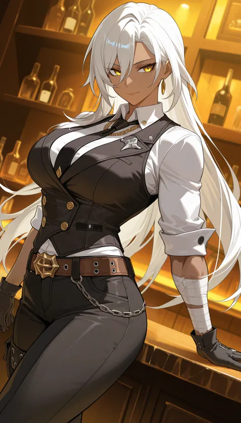 masterpiece, best quality, absurdres, 1girl, white_hair, large_breasts, dark-skinned_female, yellow_eyes, long_hair, necktie, high_collar, white_shirt, black_vest, pouches, black_pants, tsurime, belt_buckle, straps, looking_to_the_side, muscular, muscular_...