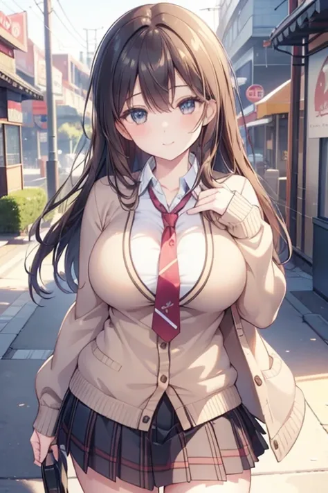 (best quality, masterpiece, ultra-detailed, perfect pixels), (UHD, RTX, 4k wallpaper, japanese anime, CG smooth, textured skin, realistic texture, natural light), 1girl, , seductive, busty, perfect body, , long brown hair, (close-up,  dynamic pose),  smile...