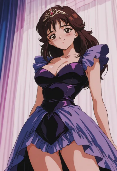 sysdeep_Tomoko,  dark brown hair,  dark eyes,   Anime Coloring,   retro art style, cowboy shot.sexy body. Princess Dress. tiara .Big Breasts.(smile:1.4).blush