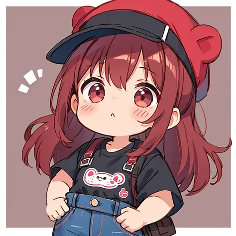 cute design, red strawsﾄHair that goes up to the waist　　black short sleeve jacket　dark brown and black border shut、 jeans　 chibi, deformed　 plain background　 1 girl,Alu hair up to the waist, burgundy red hair　,  chibiキャラ　　Wear a cute pink bear hat　