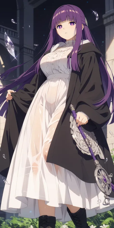 fern, purple eyes, bright pupils, white pupils, purple hair, long hair, blunt bangs, hime cut, sidelocks, large breasts, black robe, hooded robe, hood down, white shirt, frills, buttons, long sleeves, white skirt, long skirt, black boots, glossy skin, glis...