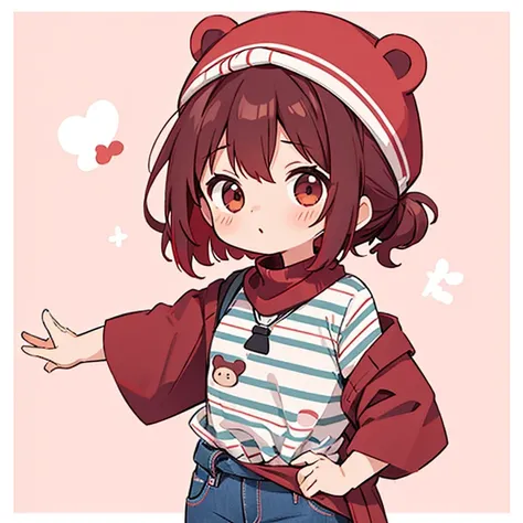 cute design, red strawsﾄHair that goes up to the waist　　black short sleeve jacket　dark brown and black horizontal stripe border T-bar、 jeans　 chibi, deformed　 plain background　 1 girl,Alu hair up to the waist, burgundy red hair　,  chibiキャラ　　Wear a cute pin...