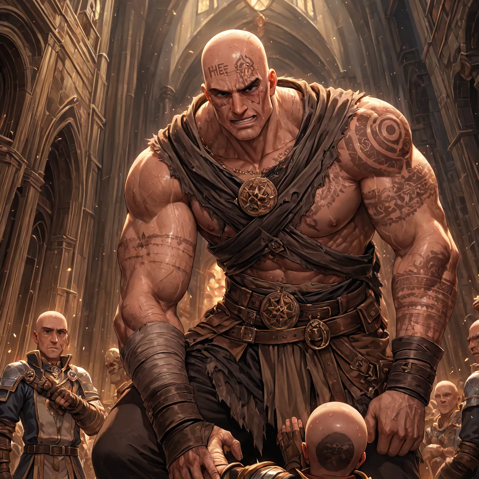  A man with a bald head and a giant face. Standing in front of a guild wearing an adventurer costume. There are small scars engraved on the face and body, He has a tattoo on his arm.