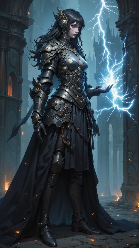  A masterpiece of women in medieval armor as a witch，high quality， Extremely detailed digital painting ，Cast a powerful lightning spell ，Charming setting， Surrealism ， Wrong Complicated Details ， Dramatic lights ， Mythical art by Midjourney 