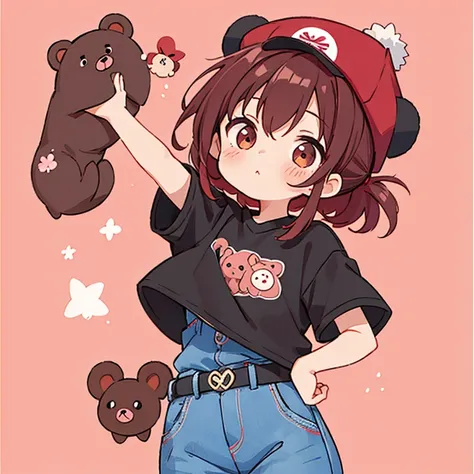 cute design, red strawsﾄHair that goes up to the waist　　black short sleeve jacket　dark brown and black border shut、 jeans　 chibi, deformed　 plain background　 1 girl,Alu hair up to the waist, burgundy red hair　,  chibiキャラ　　Wear a cute pink bear hat　