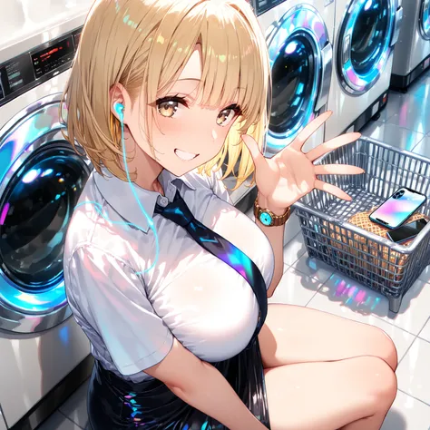 (8k,wallpaper of extremely detailed CG unit  ,(masterpiece, highest quality), very detailed, highest quality, official art, beautiful and aesthetic: 1.2), 1 adult woman,curvy, large breasts, blonde hair , asymmetric bangs , short hair ,black short skirt, w...