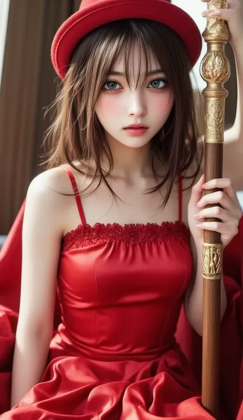 Whole body expression、 wizard woman、20 years old、 cute face、 beautiful girl、Bright red mouth、smile、Red hair long hair、With bangs、Wearing a red dress、 red hat 、Wearing a red cape、Carrying a luxurious walking stick、Realistically、 top quality、 Masterpiece、