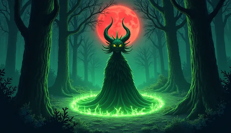 Hand drawn illustration of a green Djinn monster in the middle of a forest at night with a dark magic spiral vortex with a bright red moon in the background,  conceptual art,under the，  anime style ，Dreamland Wonderland、Fantasy，  Masterpiece ，HD， colored b...