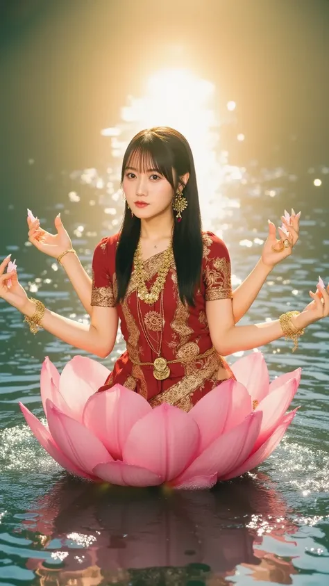 "A serene Indian goddess of wealth and fortune, seated on a blooming lotus flower. She is adorned with gold jewelry and wears a vibrant red and gold saree. Four arms extend gracefully, holding lotus flowers and coins, while golden light radiates around her...