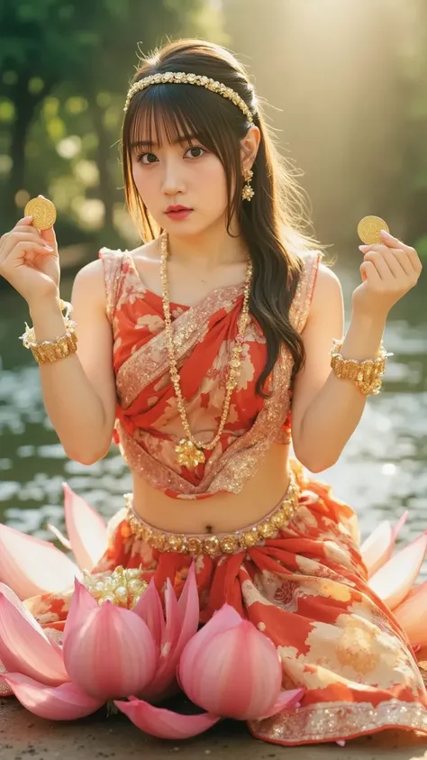 "A serene Indian goddess of wealth and fortune, seated on a blooming lotus flower. She is adorned with gold jewelry and wears a vibrant red and gold saree. Four arms extend gracefully, holding lotus flowers and coins, while golden light radiates around her...