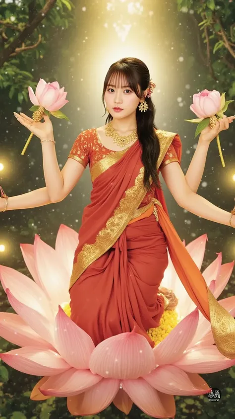 "A serene Indian goddess of wealth and fortune, seated on a blooming lotus flower. She is adorned with gold jewelry and wears a vibrant red and gold saree. Four arms extend gracefully, holding lotus flowers and coins, while golden light radiates around her...