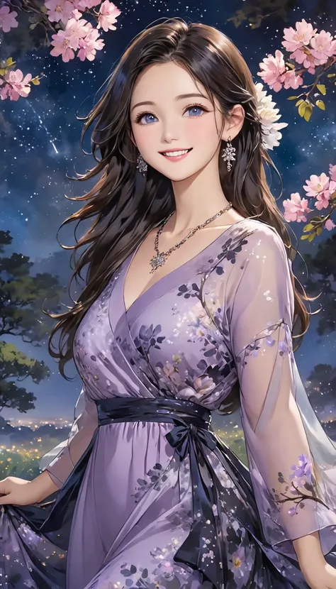 Rich ink painting 、  top quality 、  masterpiece、   high image quality 、  Official Art、  young, graceful and beautiful woman、 Perfect Face 、Brown-black long hair  、  perfect style、 wearing a light purple transparent dress 、  earrings、  necklace、  look at me...