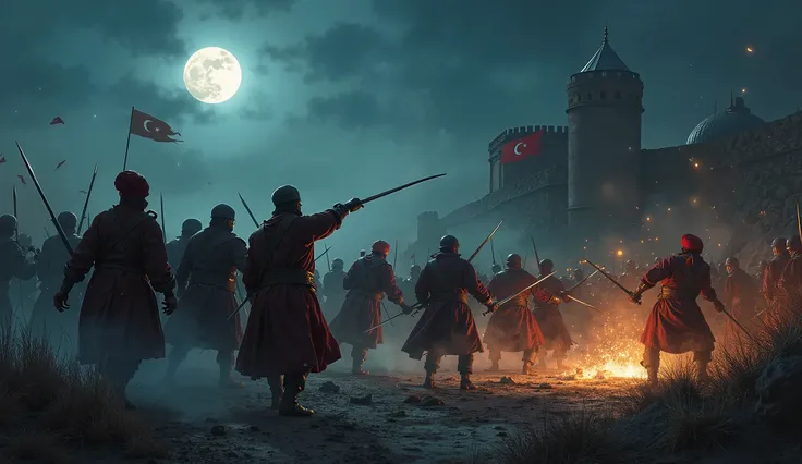 "A group of Ottoman soldiers engaged in a fierce night raid, illuminated by the cold glow of the moon. Their traditional uniforms and turbans are visible under the dim light, while they struggle against enemy forces in a chaotic battlefield. Smoke, sparks,...