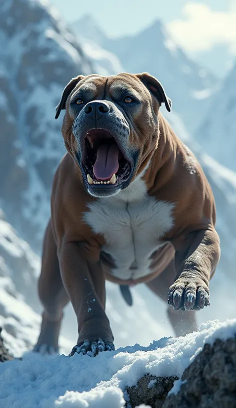 Pitbull dog, muscular look, barking wild on snowy mountain