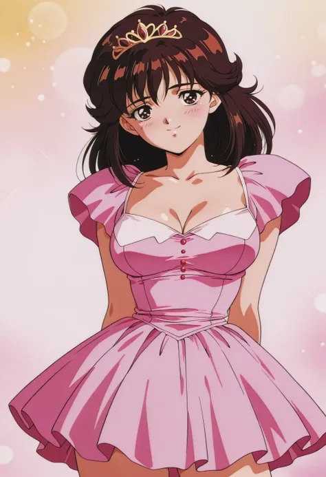 sysdeep_Tomoko,  dark brown hair,  dark eyes,   Anime Coloring,   retro art style, Drawn by Satoshi Urushihara,cowboy shot.sexy body. Princess Dress. tiara .Big Breasts.(smile:1.4).blush