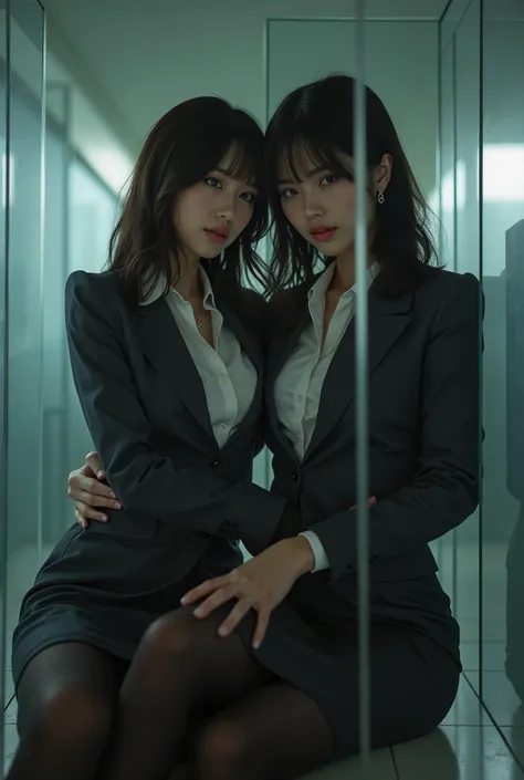 masterpiece, 8k, photorealistic, (beautiful eroticism:1.9), 2 beautiful Japanese mature women, intimate relationship, (30 years old:1.9), beautiful office workers, detailed face, light makeup, dark gray business suits, blouse, pencil skirt, black pantyhose...