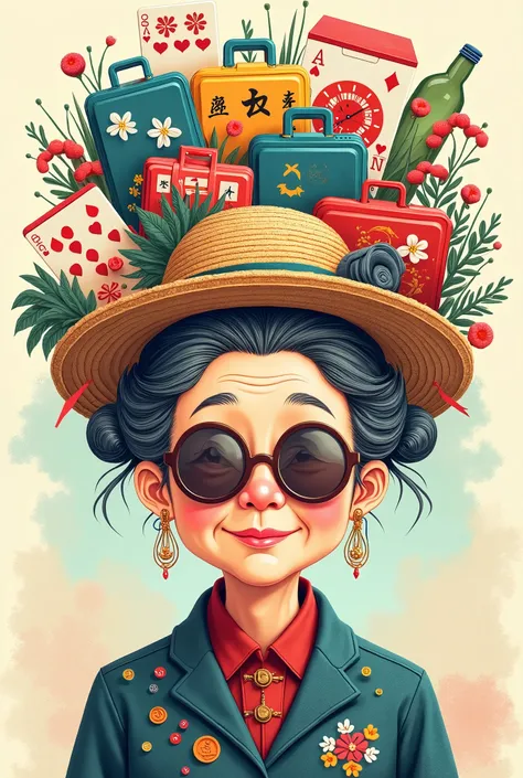 in style of Light tracing , portrait,(Long Shot: 1.8), ( masterpiece,  Best Quality : 1.2), (Flat vector: 1.3),  art concept illustration ,  Minimalist,  Minimalist风格,),  An old Chinese grandmother's head is decorated with many colorful trolley cases and(P...