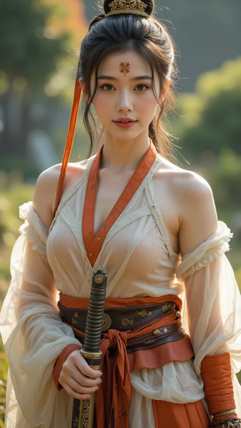 4K Raw photo.
A beautiful young Japanese woman standing in a fantasy world.
She is lightly made up and has a fearless smile on her face.
She is wearing transparent armor on her bare skin.
She wears a forehead patch of the same color as her armor and holds ...