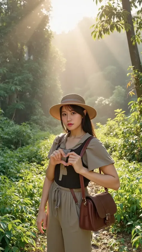 "A brave female explorer with a rugged outfit, wide-brimmed hat, and a leather satchel, standing in a lush, misty jungle surrounded by ancient ruins and exotic wildlife. Soft golden sunlight filters through the dense canopy, creating a sense of adventure a...