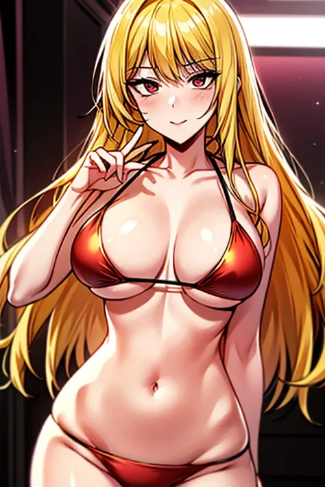 alice \(seka\), blonde_hair, red eyes, (((sexy red bikini))), eyebrows_visible_through_hair, large_breasts, long_hair,8K, HDR, highres,ultra high res,4K,ultra-detailed, photography,,bow breasts, (beautiful_face:1),(narrow_waist),(Beautiful large breasts),B...