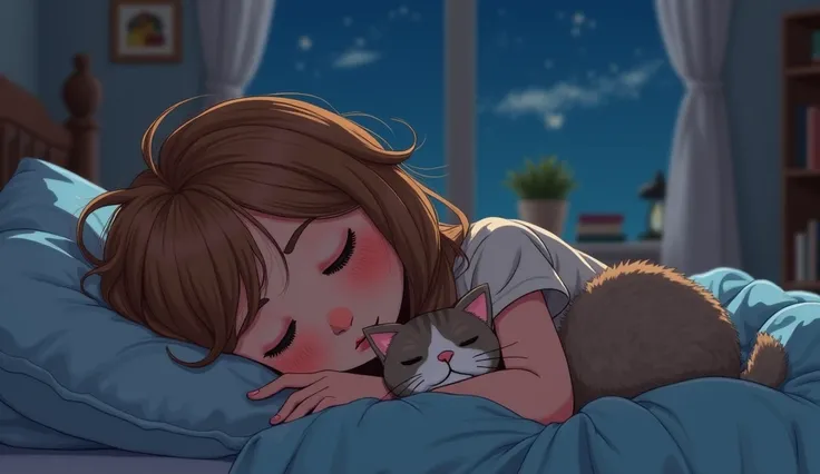 CARTOON OF A GIRL WITH SHOULDER-LENGTH HAIR, night，indoor， She is sleeping ，Next to a cat ，

