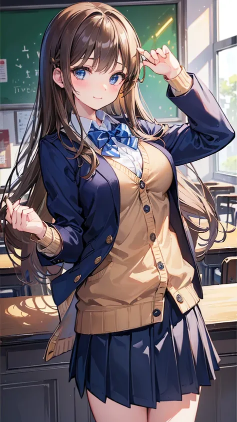 ((masterpiece、Highest quality、Very detailed))、One girl、Brown Hair、Long Hair、blue Eyes、smile、big breasts、((Navy blue blazer))、((light brown cardigan))、A bow tie、((Black pleated skirt))、((mini skirt))、Cowboy Shot、Classroom Background