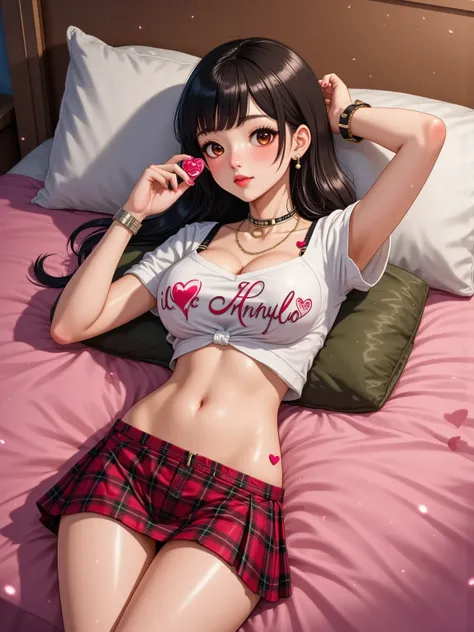 arafed woman lying on a bed with a old pink blanket, top with inscriptions and drawing, red and black plaid miniskirt, You can see his abdomen, sensual image without being vulgar, shiny jet black hair, fringe, hair falls to the sides, she looks at the came...