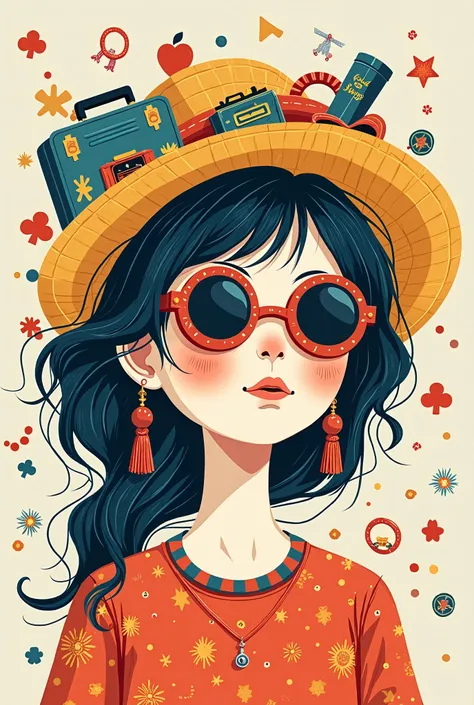 in style of Boho fashion design , roboto character，(Long Shot: 1.8), ( masterpiece,  Best Quality : 1.2), (Flat vector: 1.3),  art concept illustration ,  Minimalist,  Minimalist风格,),  A Chinese girl's head is decorated with many colorful trolley cases and...