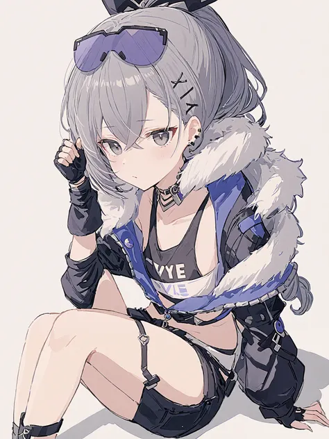  1 girl, Alone,  jacket,  grey_eye,  grey_hair,  gloves, Fingerless_ gloves, black_ jacket,  sitting,  shorts, black_ gloves, black_ shorts, fur_ trim ,  shirt,  accurately _in_viewer, fur- trim med_ jacket, 前hair,  closed _mouth,   jewelry,  earrings, hai...