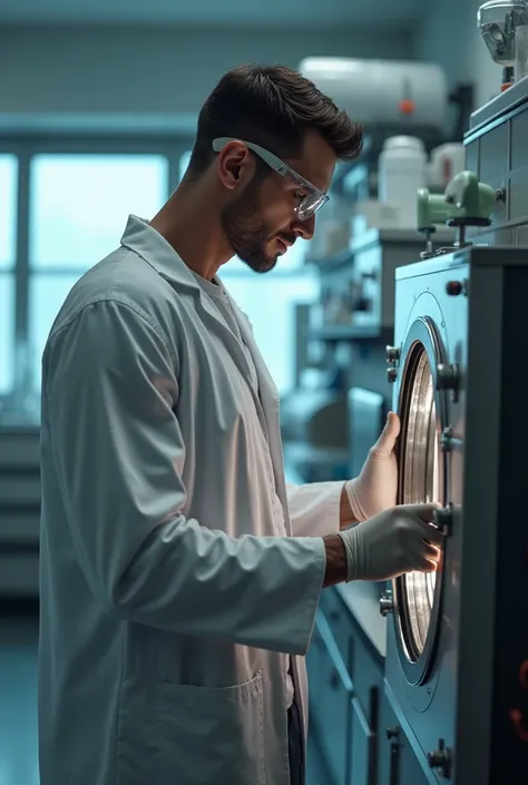 A hunk is handling autoclave at lab.