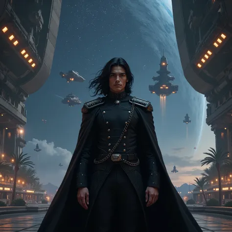 young handsome man age 18, with long black hair wearing a black noble royal military black cape, standing inside a huge space station with a big city, beach and garden beautiful stars, many fighter spaceships lining up above in the sky, many many huge huge...