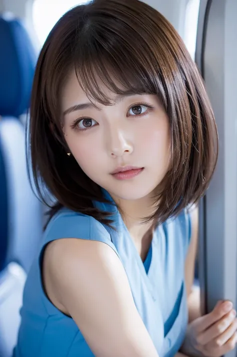  Inside Airplane、 high quality,超 high res,、1 person,whole body、Shiny brown hair,(8k, 4K、最 high quality,  high res, 超 high res:1.1)、Airline flight attendant、Short Bomb Hair、Cool Look, staring at the camera, beautiful skin、 realistic, finely,  high res,  my ...