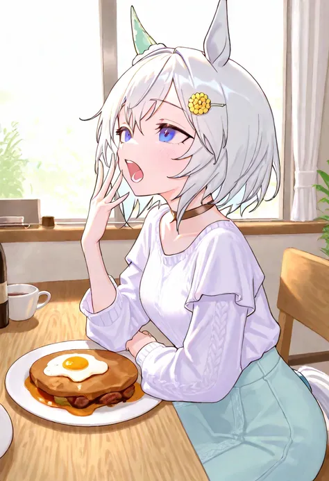  best quality, masterpiece, very aesthetic, ultra detailed,very detailed background,break,siun_Sky,_Casual,  1girl , Alone,short hair, blue eyes, white hair, hair ornament,  horse ears, horse tail,bangs,Eat breakfast、Looks sleepy、Yawning、