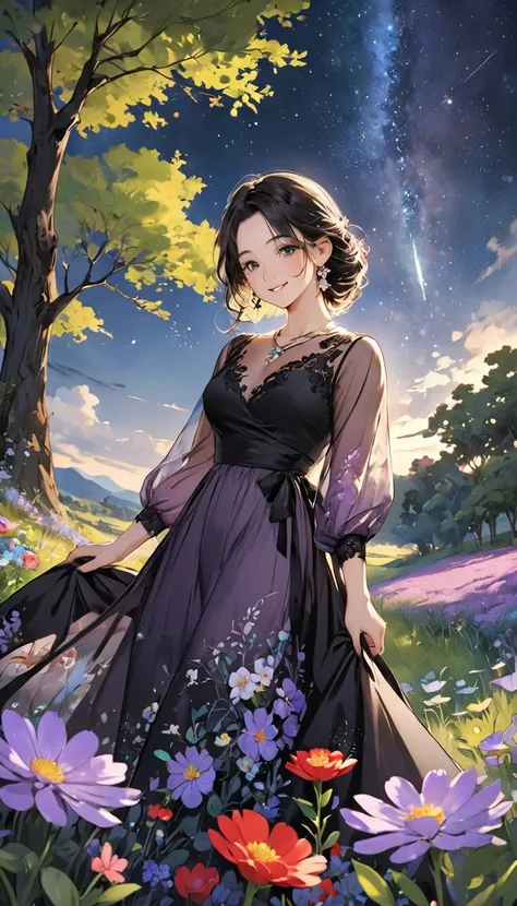 Rich ink painting 、  top quality 、  masterpiece、   high image quality 、  Official Art、  young, graceful and beautiful woman、 Perfect Face 、Brown-black long hair  、  perfect style、 wearing a light purple transparent dress 、  earrings、  necklace、  look at me...