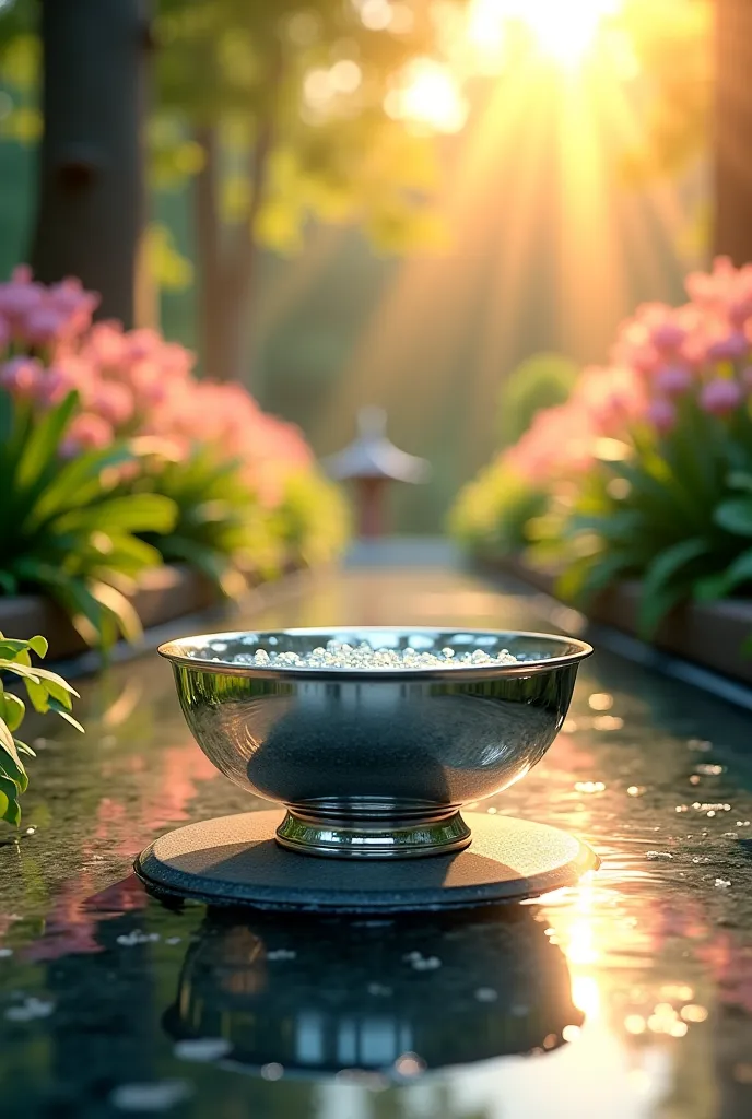 A silver bowl with water  in a garden under sunlight rays