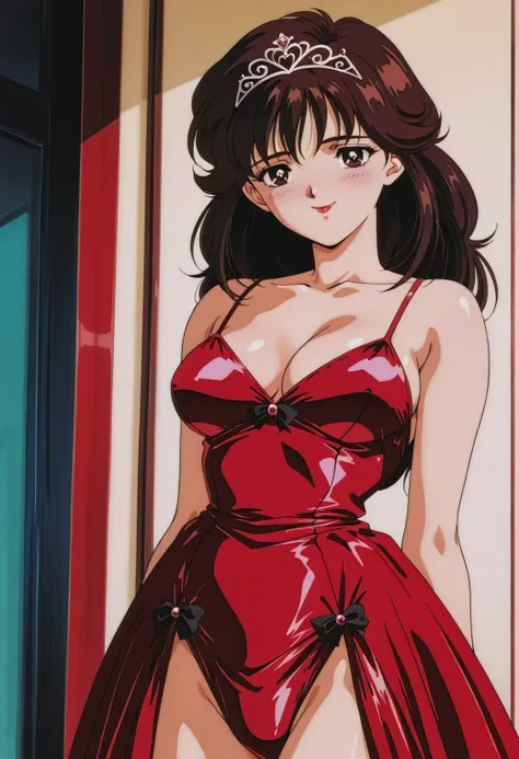 sysdeep_Tomoko,  dark brown hair,  dark eyes,   Anime Coloring,   retro art style, Drawn by Satoshi Urushihara,cowboy shot.sexy body. Princess Dress. tiara .Big Breasts.(smile:1.4).blush.red lips